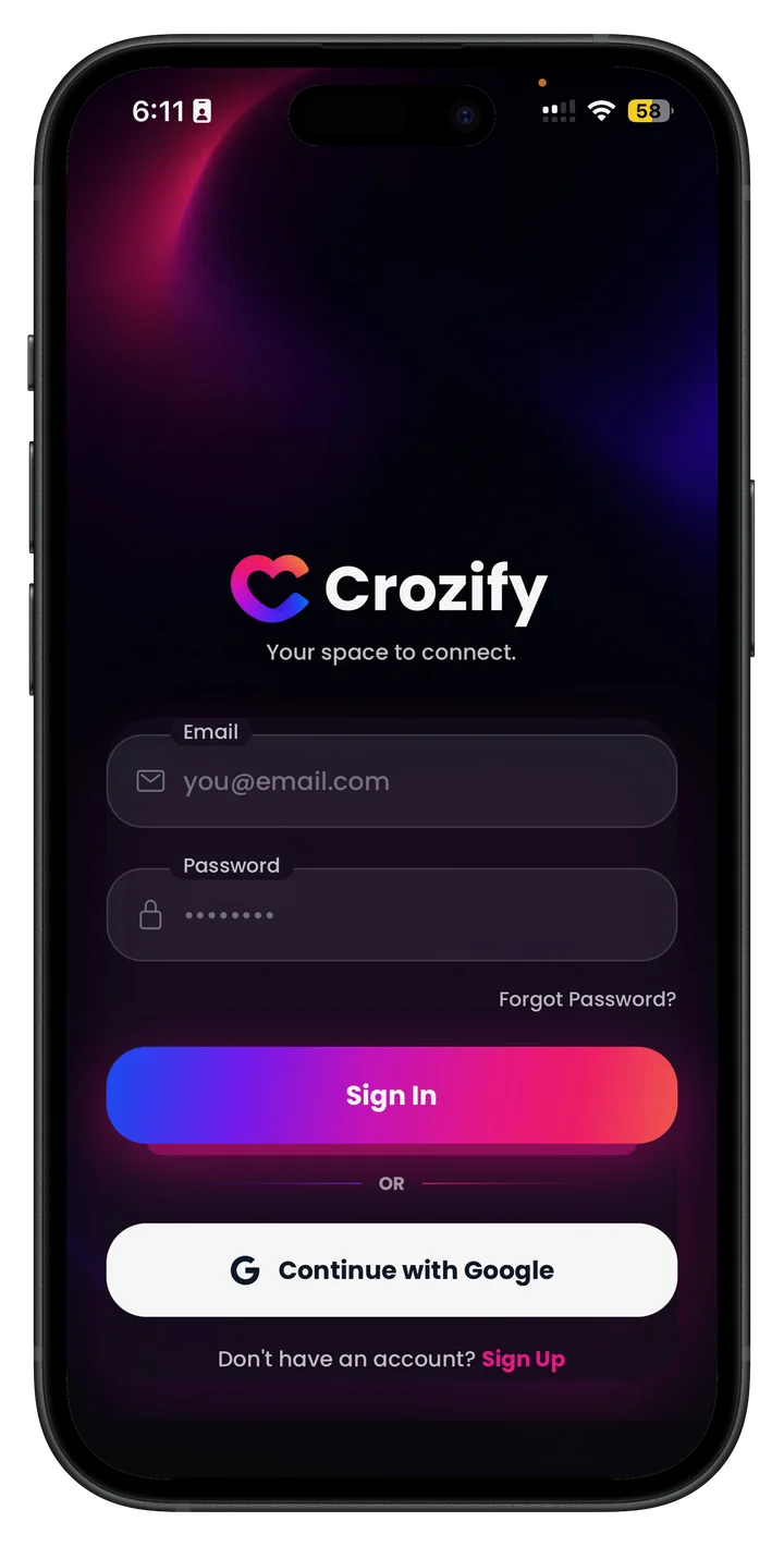 Crozify sign-in screen
