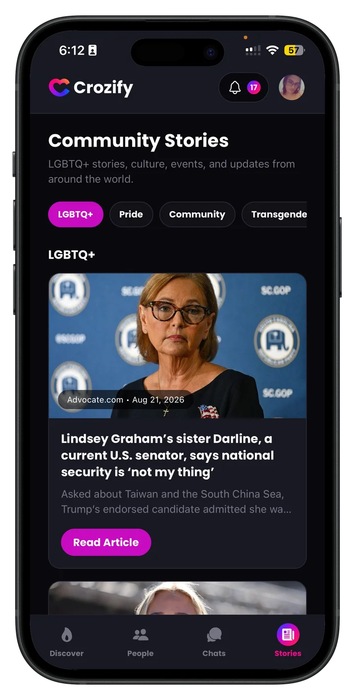Crozify Community Stories screen