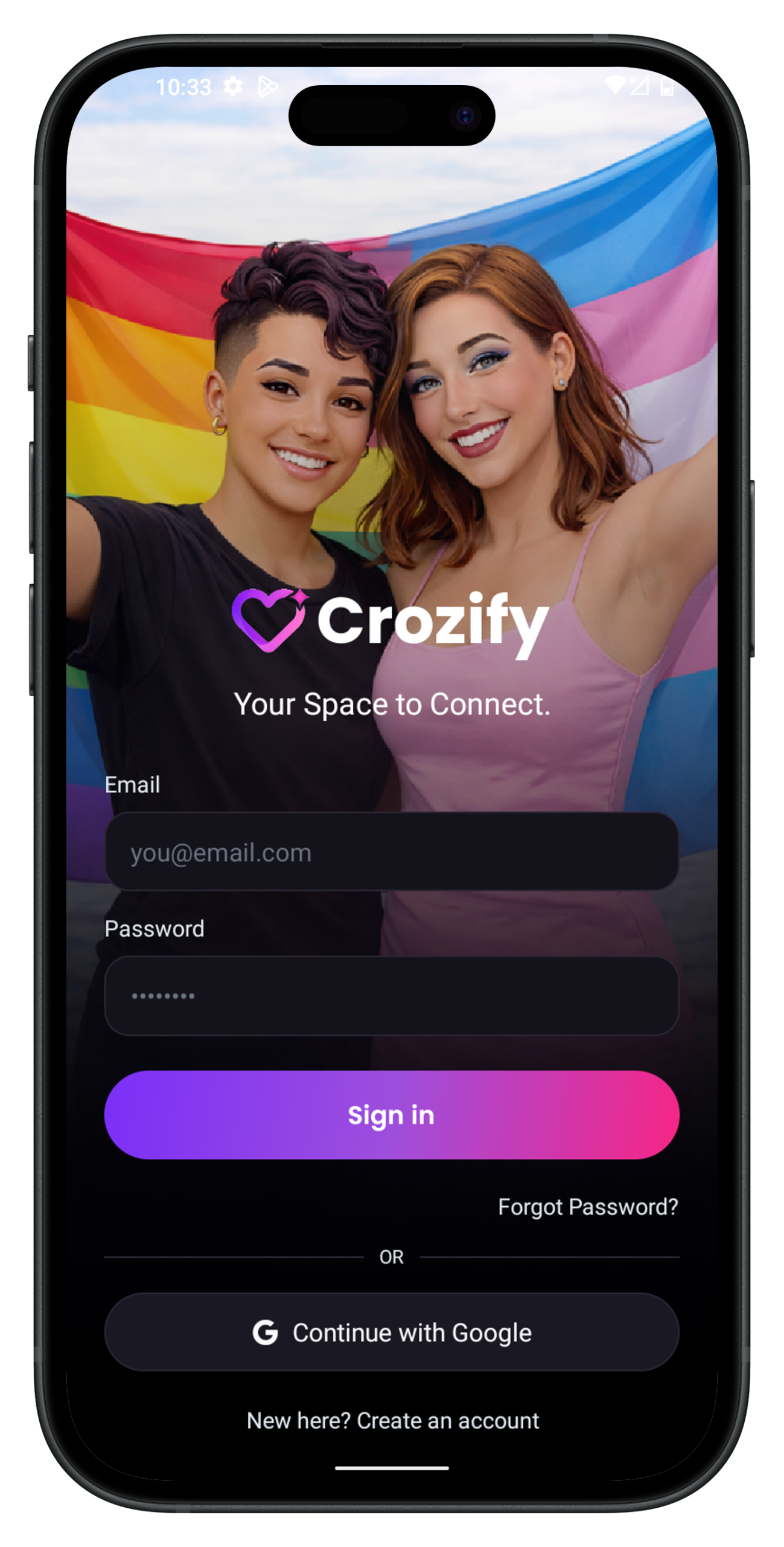 Crozify mobile app sign in screen