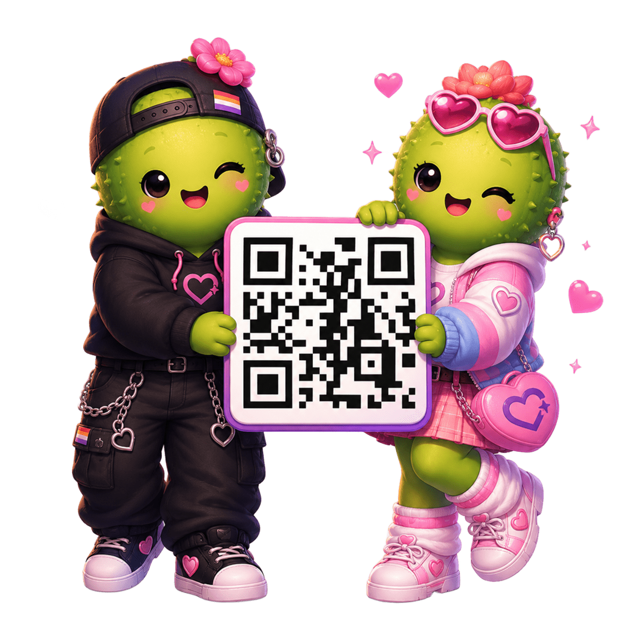 Crozify characters holding a QR code to download the app